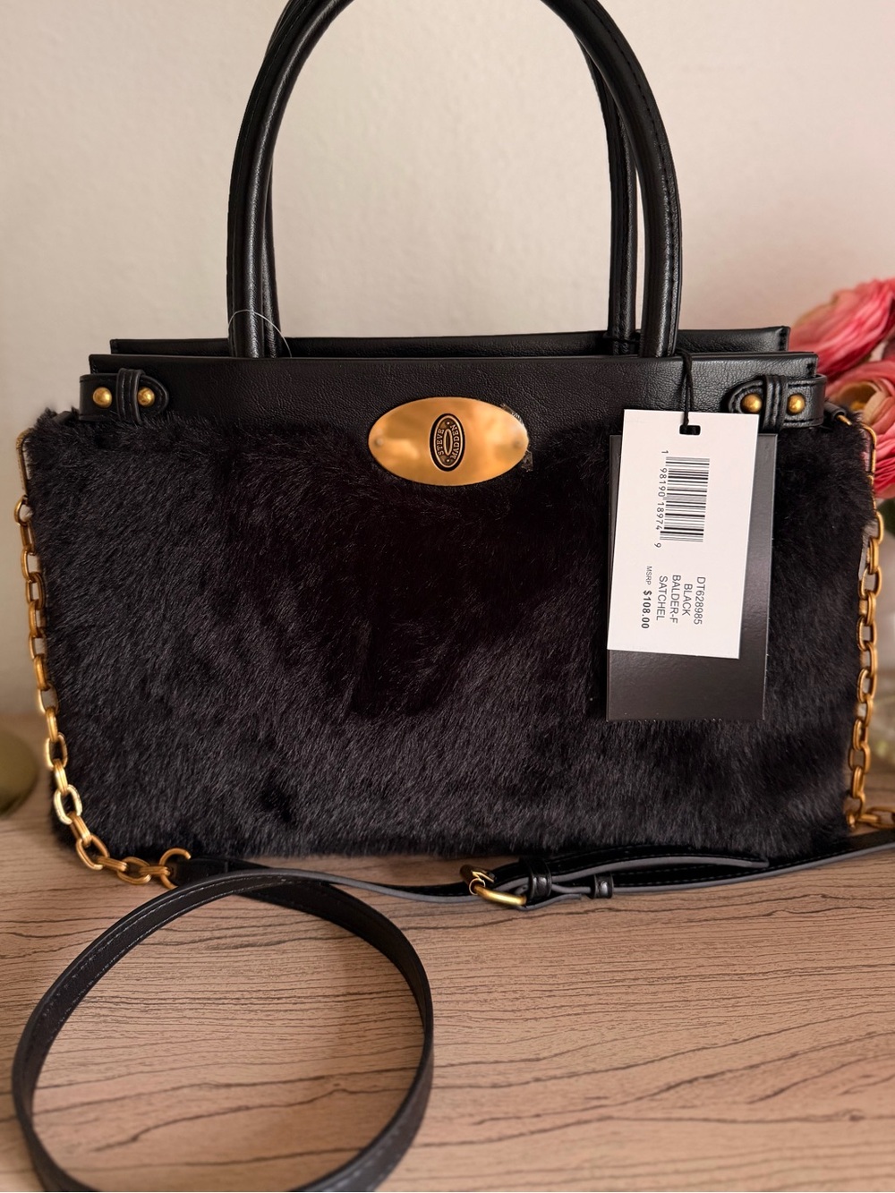 Steve Madden Black Luxury Faux Fur Shoulder Satchel Bag Gold Tone Chain Viral